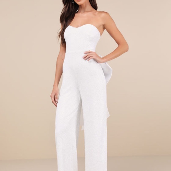 Lulus Pants - Lulus Mesmerizing Glow White Sequin Removable Bow Wide-leg Jumpsuit - Size XS